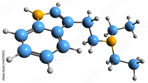  3D image of Diethyltryptamine skeletal formula - molecular chemical structure of psychedelic drug DET isolated on white background
 photo