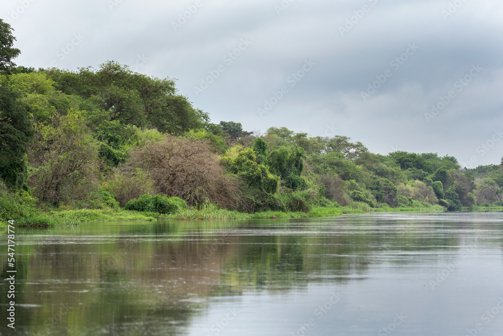 Sailing on the river in the Murchison Falls National park. Victoria Nile delta during rain. Safari in Uganda Sailing on the river in the Murchison Falls National park. Victoria Nile delta during rain. Safari in Uganda