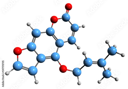  3D image of Isoimperatorin skeletal formula - molecular chemical structure of psoralen isolated on white background 