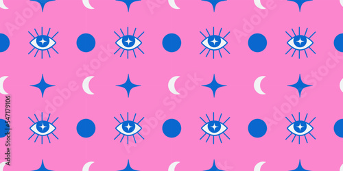 Vector seamless trendy pattern with stars and eyes grunge style pink and blue color