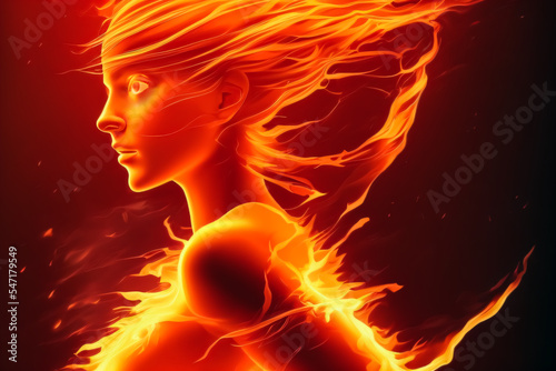 Fire girl - digital drawing of a fiery young woman on a dark red background