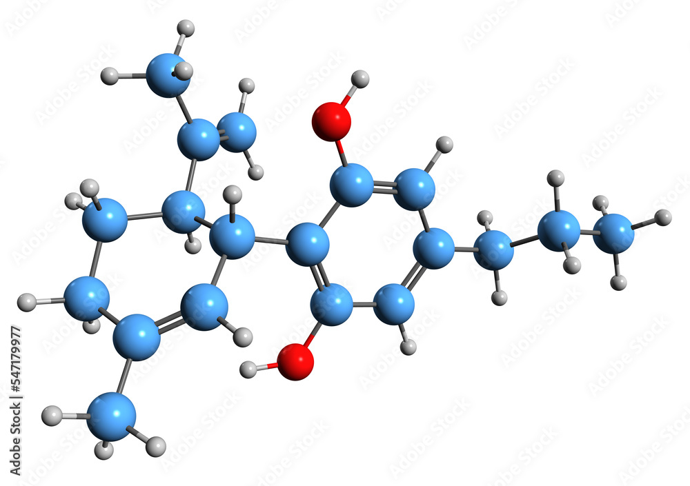  3D image of Cannabidivarin skeletal formula - molecular chemical structure of  non-psychoactive cannabinoid isolated on white background
