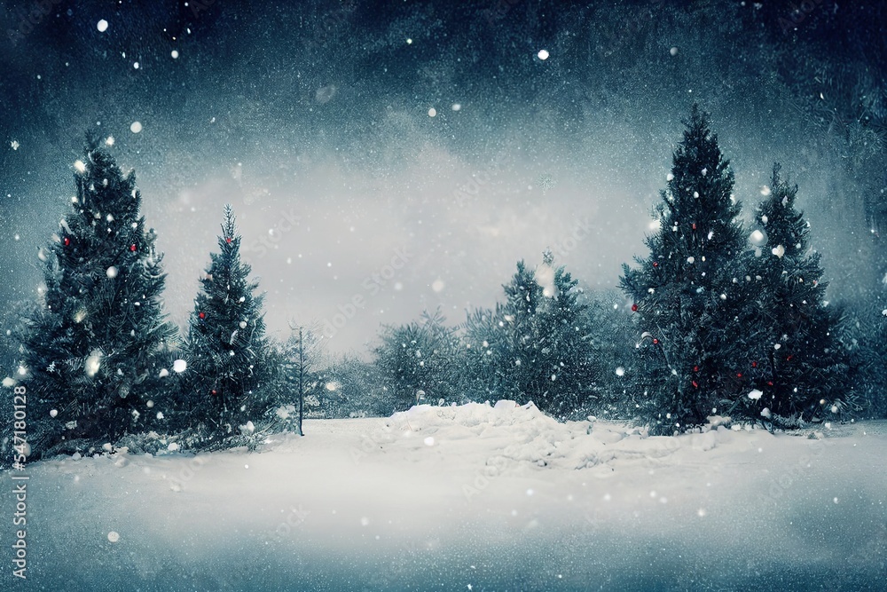 Fototapeta premium winter wonderland with dark sky but plenty of snow falling somewhere in nature, generative ai