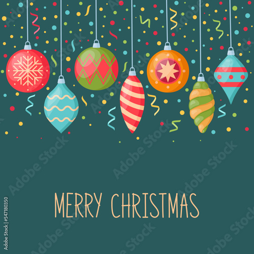 Christmas and New Year card with hanging decorations for christmas tree and confetti, vector illustration © k_tatsiana