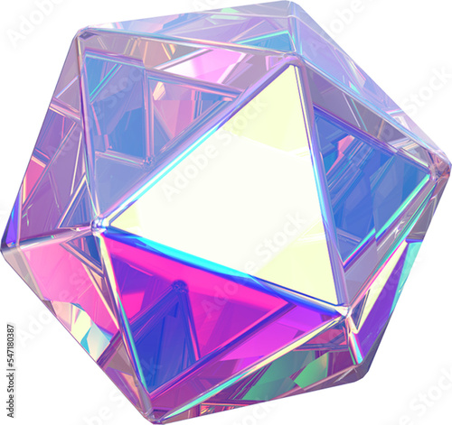 Holographic geometric shape isolated on transparent background. 3D rendering