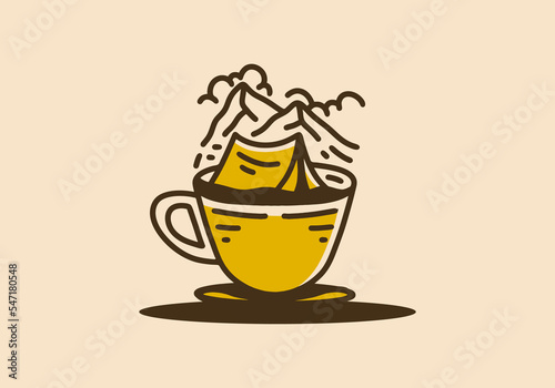 Vintage art illustration of coffee cup and camping tent