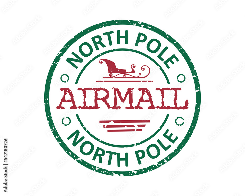 North Pole airmail Santa Clause main post office grunge rubber stamp design with white background