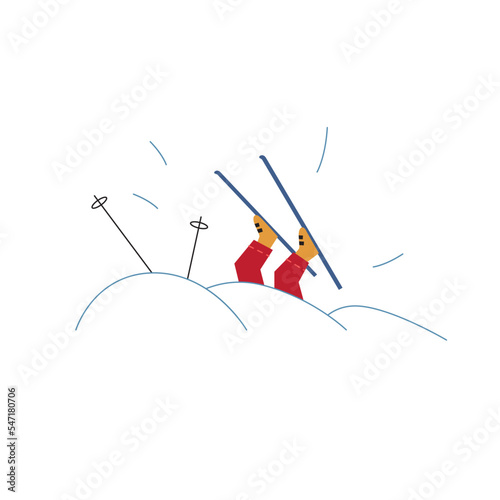 Vector illustration with skiing character, who is lost in masses of snow. Flat illustration of skier who had an accident and fallen into a snow drift. © mashasalut