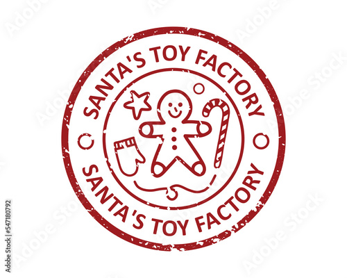 Santa's Toy Factory North Pole grunge rubber stamp design with white background