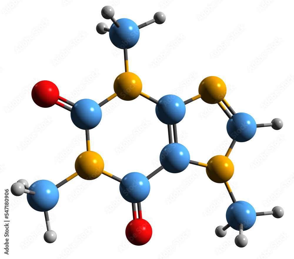 3D image of Caffeine skeletal formula - molecular chemical structure of central nervous system stimulant isolated on white background 3D image of Caffeine skeletal formula - molecular chemical structure of central nervous system stimulant isolated on white background