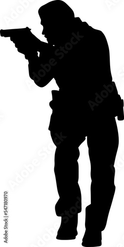 Black and white vector silhouette of a soldier with a weapon. A special forces soldier aims and shoots a rifle or a machine gun at the enemy