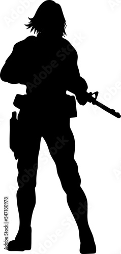 Black and white silhouette of a girl with a gun. A super woman in a leather military suit with pistols and a submachine gun or rifle. A computer game character © tcheres