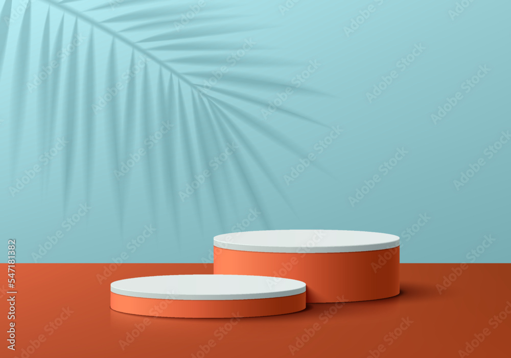 Abstract 3D blue background with realistic orange cylinder pedestal podium set, Palm leaf shadow overlay. Minimal wall scene for mockup product display. Geometric forms design. Summer stage showcase. Abstract 3D blue background with realistic orange cylinder pedestal podium set, Palm leaf shadow overlay. Minimal wall scene for mockup product display. Geometric forms design. Summer stage showcase.