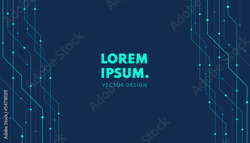 Abstract futuristic technology background with glowing light blue and neon green curved lines, dots with copy space. Simple and minimal striped line banner template. Flat design. Vector illustration