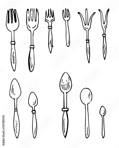 Forks and spoons. Set of cutlery and kitchen utensils for food and preparation. Outline hand drawn sketch. Drawing with ink. Isolated on white background. Vector.