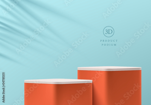 Abstract blue 3D background with realistic orange cube stand product podium set and leaf shadow overlay. Summer minimal wall scene mockup display presentation. Vector geometric forms. Stage showcase.