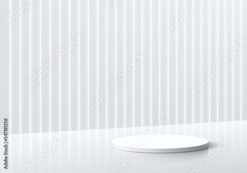 Abstract 3D background with realistic white cylinder product stand podium and vertical neon light wall scene. Futuristic minimal mockup display presentation. Vector geometric platform. Stage showcase.