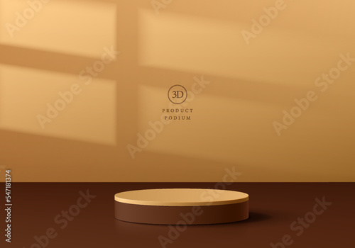 Abstract 3D room with realistic golden, brown cylinder product stand podium and window light overlay. Luxury minimal wall scene mockup display presentation. Vector geometric platform. Stage showcase.
