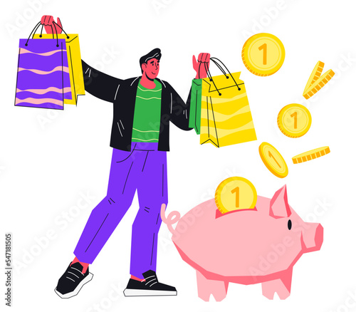 Cashback and savings on purchases, favorable prices and sales. Buyer satisfied with profitable shopping with customer loyalty or cashback program, flat vector illustration on a white background.