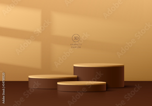 Abstract 3D room background with realistic brown  golden cylinder pedestal podium set  window shadow overlay. Minimal wall scene mockup product display. Vintage geometric forms. Luxury stage showcase.