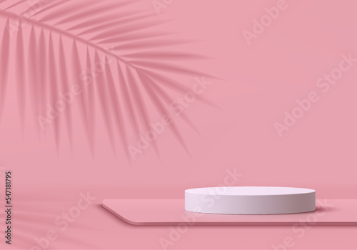 Abstract 3D pink room background with realistic white cylinder pedestal podium, Palm leaf shadow overlay. Minimal wall scene for mockup product display. Geometric forms design. Summer stage showcase.