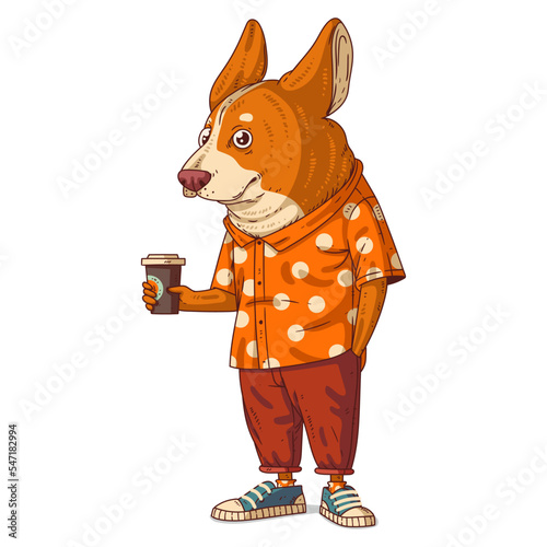A Coffee Break, isolated vector illustration. Dressed corgi person watching something with interest. A dog character in summer casual outfit on white background holding a cup of coffee. Drawn animal. © Kyyybic
