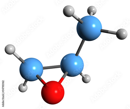  3D image of Propylene oxide skeletal formula - molecular chemical structure of Methyloxirane isolated on white background
