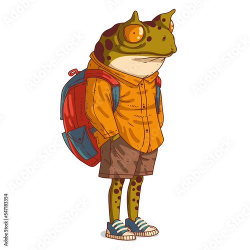 An Frog Person, isolated vector illustration. Cartoon picture of a casually dressed toad wearing a backpack. Drawn animal sticker. An anthropomorphic frog on white background. An animal character.