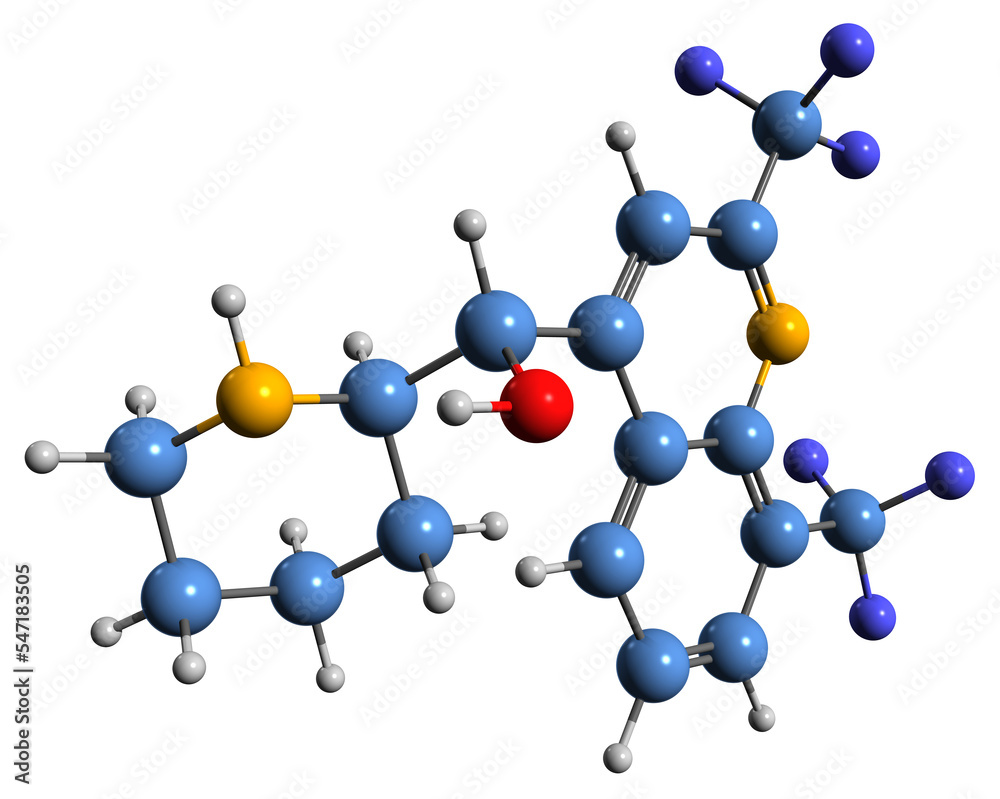3D image of mefloquine skeletal formula - molecular chemical structure of Malaria treatment medication isolated on white background 3D image of mefloquine skeletal formula - molecular chemical structure of Malaria treatment medication isolated on white background