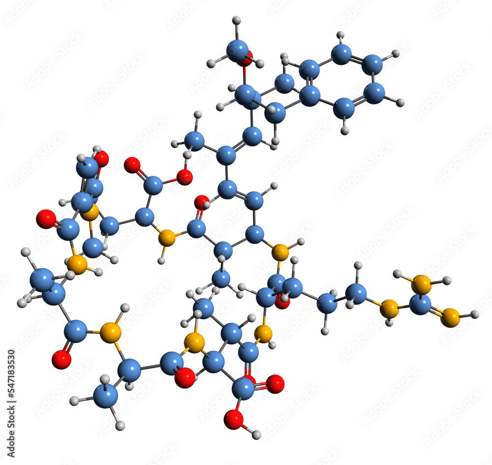 3D image of Microcystin AR skeletal formula - molecular chemical structure of toxin cyanoginosin AR isolated on white background 3D image of Microcystin AR skeletal formula - molecular chemical structure of toxin cyanoginosin AR isolated on white background