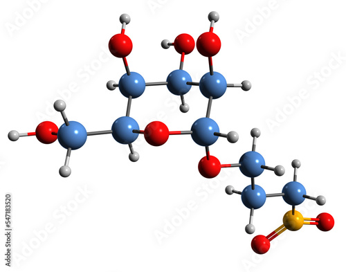  3D image of Miserotoxin skeletal formula - molecular chemical structure of phytotoxin 3-Nitropropyl hexopyranoside isolated on white background photo