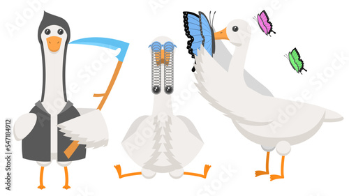 Set Abstract Collection Flat Cartoon Different Animal Birds Goose, Geese, With A Huge Butterfly On The Nose, In Goggles With Bulging Eyes, Grim Reaper Vector Design Style Elements Fauna Wildlife