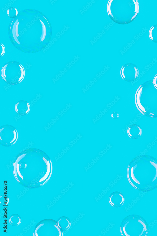 Soap bubbles on blue background with coy space. Realistic 3d rendering.