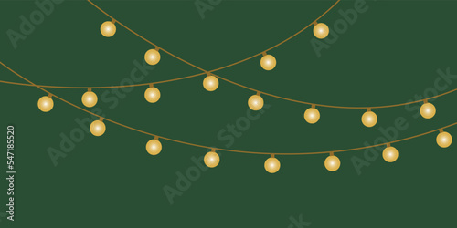 Christmas lights garland for cards, banners, posters, web design. Glowing yellow light bulbs with sparkles.