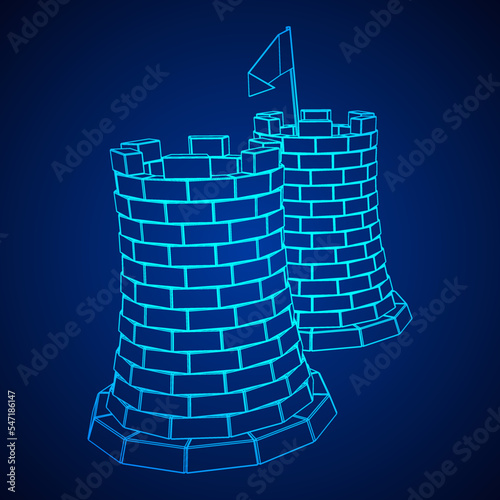 Castle knight tower. Medieval ancient fortress with banner flag