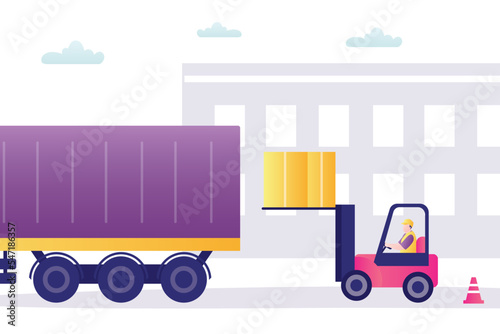 Forklift loading boxes into container. Semi truck ready to go. Worker man operates loader. Delivery of goods to stores or consumers. Industrial design with transport. Shipment, logistic.