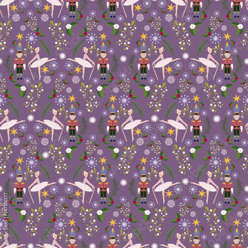 Winter pattern with ballerina and toy soldier. Endless vector texture on violet background.
