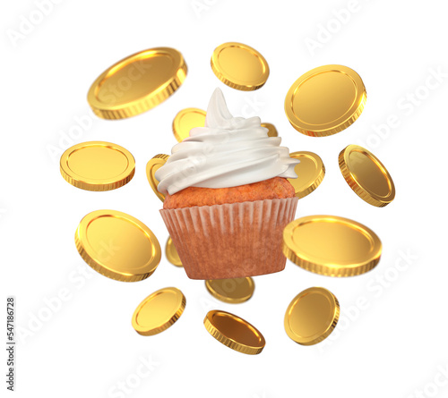 Gold coins flying around the cupcake, concept prices, price of sweets, prize, 3d render
