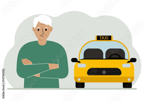 A old man with his arms crossed near a yellow taxi car. Vector