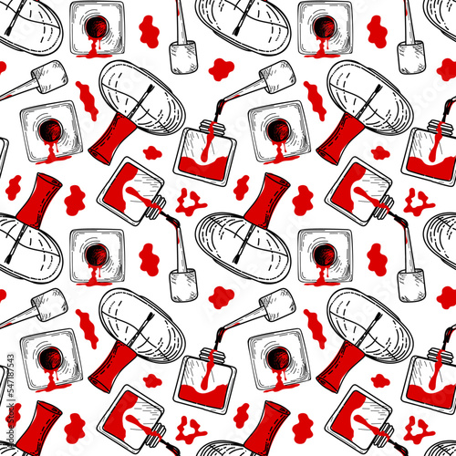 Seamless red nail polish can pattern, hand-drawn doodle in sketch style. Manicure. Spa. Red nail polish. Simple vector illustration.