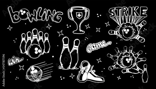 A set of hand-drawn elements with a bowling theme. Bowling ball, pins, shoes. Cup. Victory. Handwritten inscription strike, game, win . The ball smashes the pins. The flight of the ball into the targ