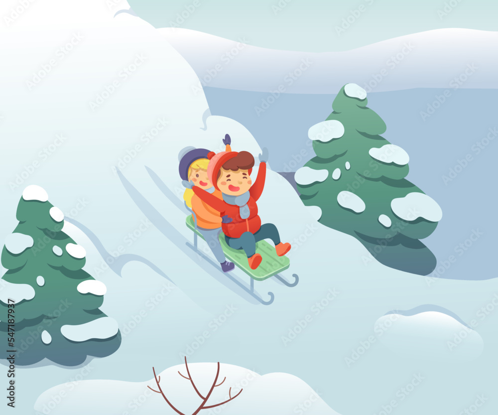 Winter sledding, fun flat vector illustration. Little boy and girl in warm clothing cartoon characters. Happy kids move down hill. Seasonal outdoor activity, childhood pastime. Active recreation