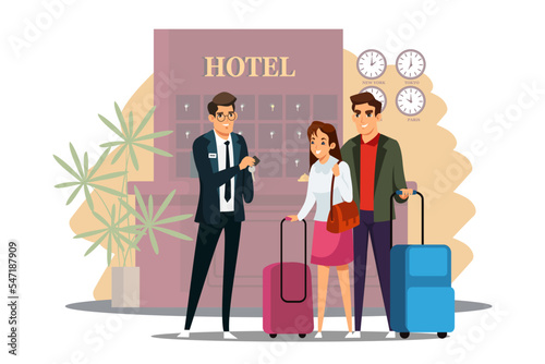 Hotel scene with couple checking in. Man and woman at reception counter with luggage, receptionist giving key from room. Happy holiday vacation vector illustration. People staying at modern hotel