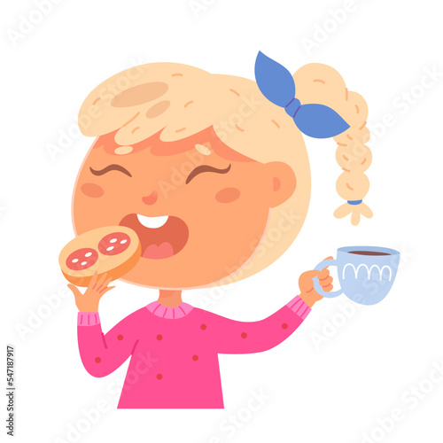 Girl eating sandwich, hungry happy kid holding bread with sausage slices, cup of coffee