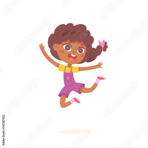 Girl dancing to music with jumps, little dancer character jumping high and laughing