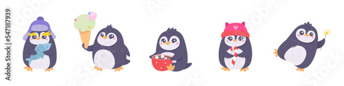 Cute penguin characters set, baby penguin animals eating ice cream and sea fish, lollipop
