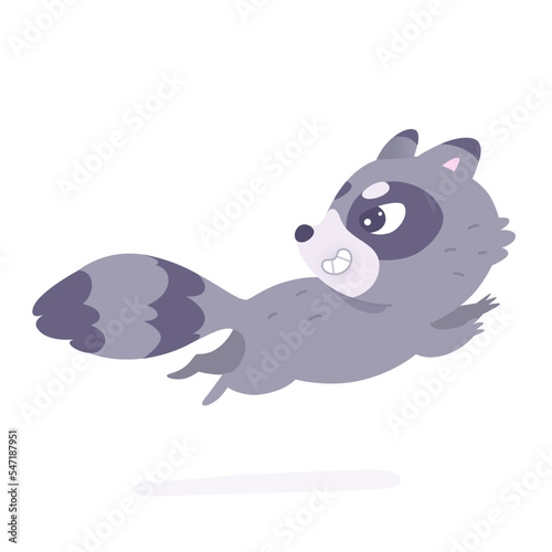 Cute raccoon running away on trail, portrait of furry racoon character with paws, tail
