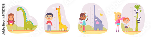 Children measure height with funny kids meter on wall vector illustration. Cartoon growing progress of cute boys and girls and tall animals of Africa, childish pediatric inch stadiometers