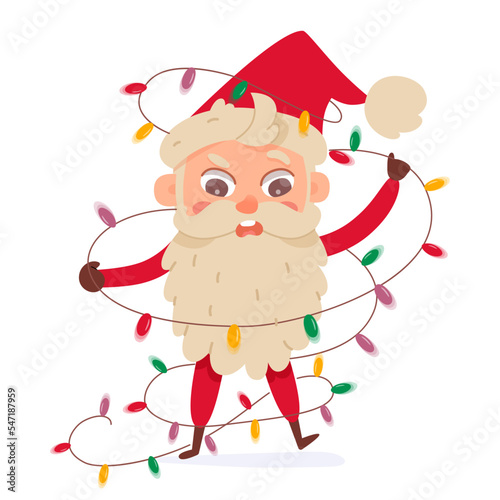 Santa Claus character with festive colorful garland and led lights, old man with beard