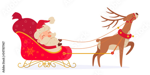 Happy Santa Claus character riding red sleigh with reindeer, delivering bag with gifts